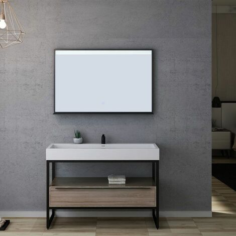 Distribain – Meuble sous vasque simple 1200mm – MDF scandinave mat – Vasque en Solid Surface blanc – Miroir LED 1160 x 750mm – Système Soft Closing