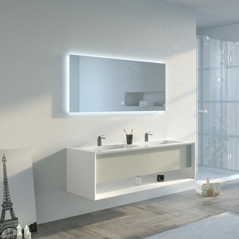 Distribain – Meuble sous vasque simple 140 cm – 2 tiroirs avec ouverture Push-Open – Miroir LED 1400 x 700 mm – Solid Surface beige galet et blanc