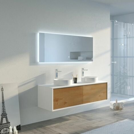 Distribain – Meuble sous vasque simple 140 cm en MDF blanc et bois naturel – 2 tiroirs à ouverture douce – Miroir LED panoramique 1400 x 700 mm