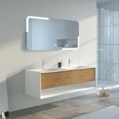 Distribain – Meuble sous vasque simple 140 cm en MDF blanc et bois naturel – Double vasque rectangulaire en résine – Système d'ouverture Push-Open