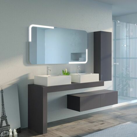 Distribain – Meuble sous vasque simple 140 cm en MDF gris anthracite – Double vasque céramique avec rétro-éclairage LED – Bondes automatiques push&up