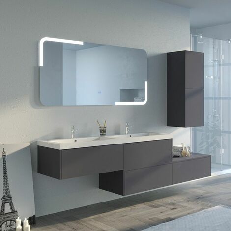 Distribain – Meuble sous vasque simple 150 cm – Gris anthracite – Façades MDF 15mm finition PVC gloss – Vasque Gel coat blanc gloss