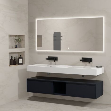 Distribain – Meuble sous vasque simple double vasque 160 cm – MDF noir mat – 2 tiroirs avec fermeture douce – Nettoyage facile