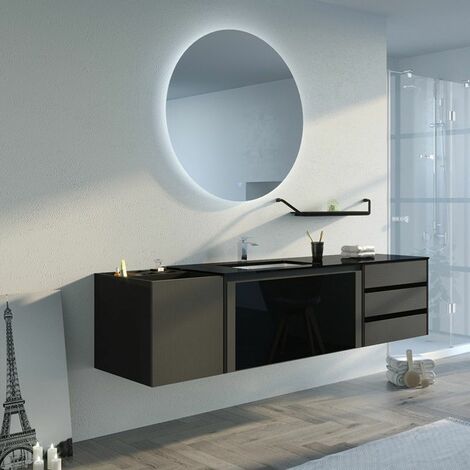 Distribain – Meuble sous vasque simple noir MDF brillant – Dimensions 1995 x 555 x 480 mm – Tiroir central avec mécanisme Push-Open – Entretien facile