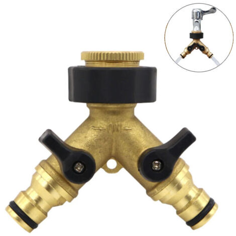 Distribuidor de manguera de jardín de latón de 2 vías, divisor de grifo de agua tipo Y con válvulas de encendido/apagado individuales para limpiar el conector de la manguera de riego.