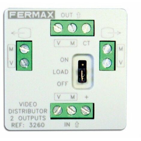 Distribuidor mini video 2s con 2 salidas y conexión de 12V.
