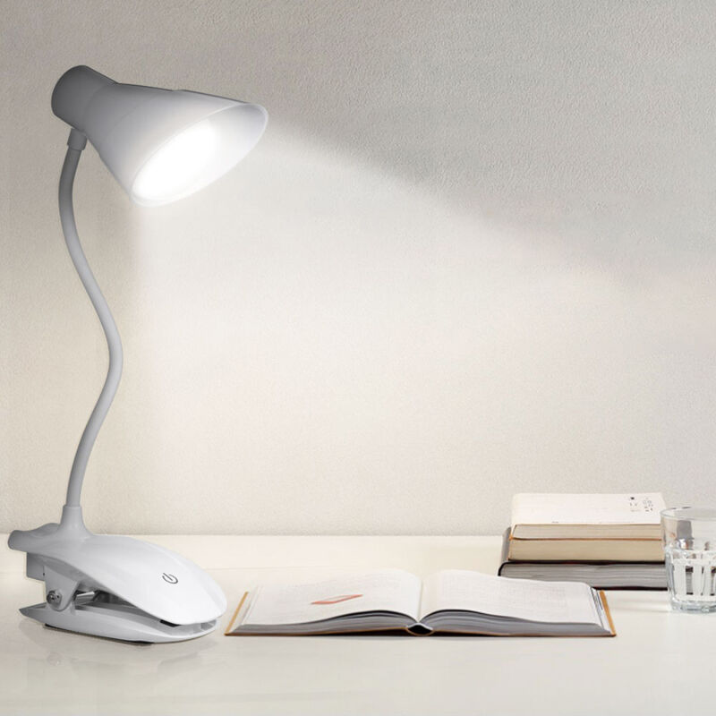 Lampe de lecture à LED à pince, rechargeable par USB, alimentée par batterie, lampe de chevet tactile à intensité variable, lampe de bureau portable