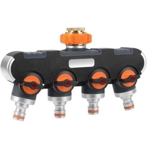 Distributeur Arrosage 4 Voies - Connecteur Robinet en Alliage d'Aluminium (3/4" & 1/2") avec Vanne Réglable pour Arrosage Jardin et Lavage Voiture.