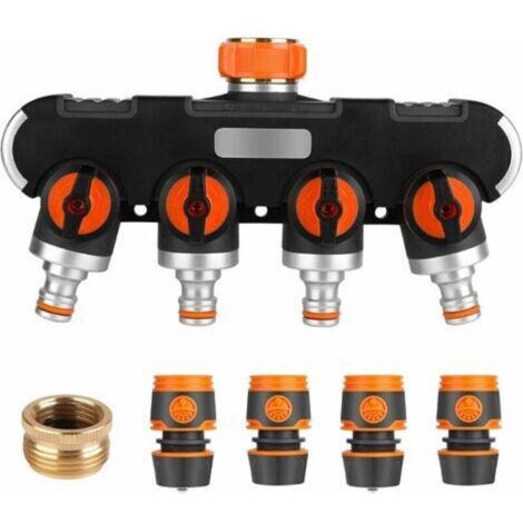 Distributeur Arrosage 4 Voies - Distributeur d'eau 3/4" et 1/2" avec Vanne Robinet pour Connecter Simultanément Deux Appareils, Débit d'eau Réglable, Adaptateur pour Arroser Le Jardin