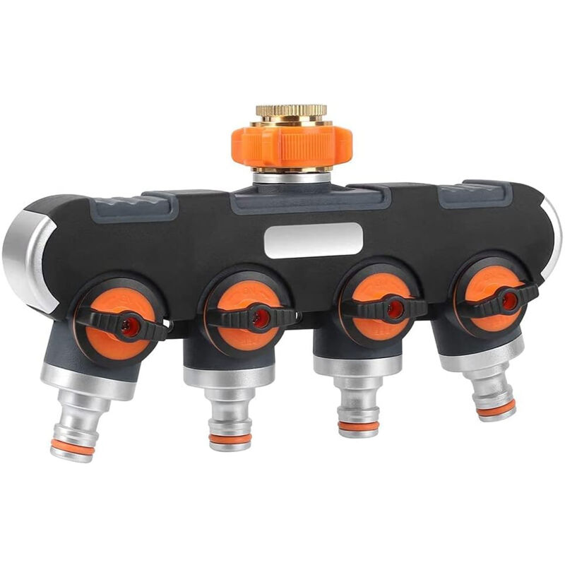 Distributeur Arrosage 4 Voies - Distributeur d'eau 3/4' et 1/2' avec Vanne Robinet pour Connecter Simultanément Deux Appareils, Débit d'eau Réglable,