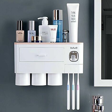 Distributeur automatique de dentifrice avec gobelet, support mural de rangement des produits de toilette, ensemble d'accessoires de salle de bains, porte-brosse à dents(Rose)