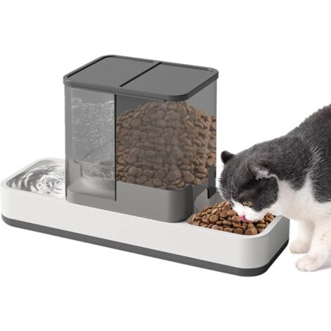 Distributeur automatique de nourriture et d'eau 2 en 1 pour chats, gris.