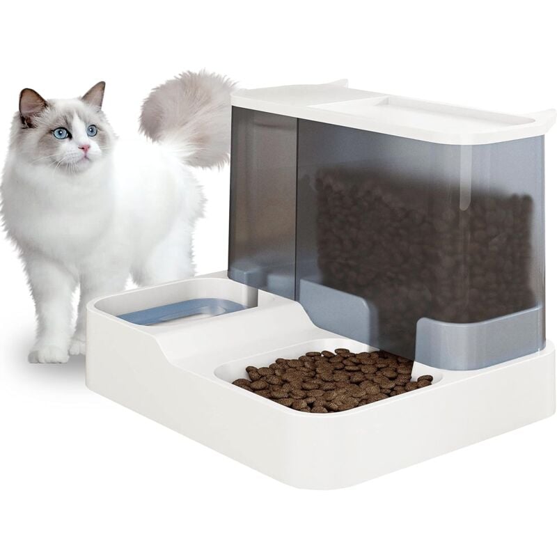 Jusch - Distributeur Automatique de Nourriture et d'eau pour Chat et Petit Chiens 2 en 1 3.8 l Fontaine Mangeoirs et Abreuvoirs (Blanc)