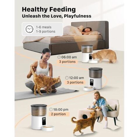 Distributeur automatique de nourriture pour chats avec minuterie programmable, 1 à 6 repas par jour, couvercle à bouton-poussoir et fonction d'enregistrement.
