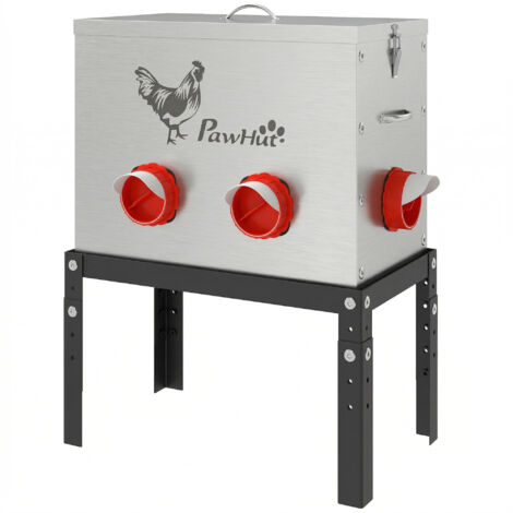 Distributeur automatique de nourriture pour poules 18 kg, couvercle verrouillable, pieds réglables, 6 ouvertures, 42x25x55,5 cm argent