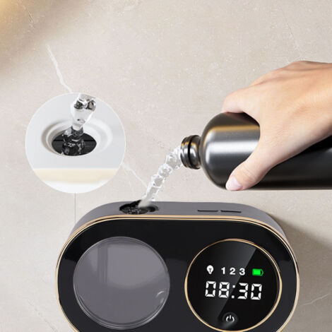 Distributeur automatique de savon liquide moussant pour les mains 320 ml, rechargeable, mural et sans contact, noir.