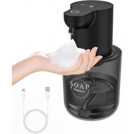 Distributeur automatique de savon moussant, 400 ml (13,5 oz), mural, sans contact, 4 réglages, noir, rechargeable.