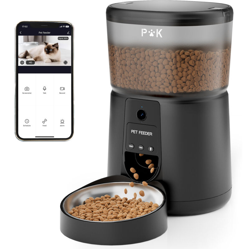 Distributeur Croquettes Chat Automatique avec Caméra 1080P, 2,4 g WiFi Distributeur de Croquettes pour Chat avec app Vidéo Audio Vision Nocturne Bol