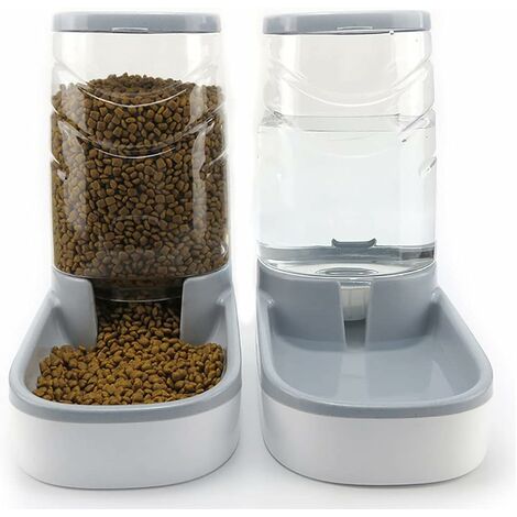 Distributeur Croquettes et Eau Automatique pour Chat Chien, Eau Fontaine Automatique,Distributeurs de Nourriture pour Chats,Gamelle Animaux Domestiques,3,8L(Feeder Set, Gris)