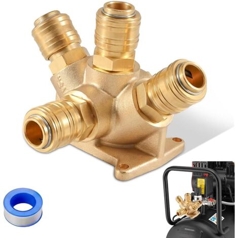 Distributeur d'air comprimé G1/2" 4 voies en laiton : distributeur d'air comprimé mural avec 4 raccords rapides NW 7.2 et 1 raccord enfichable pour compresseur, outils pneumatiques, atelier