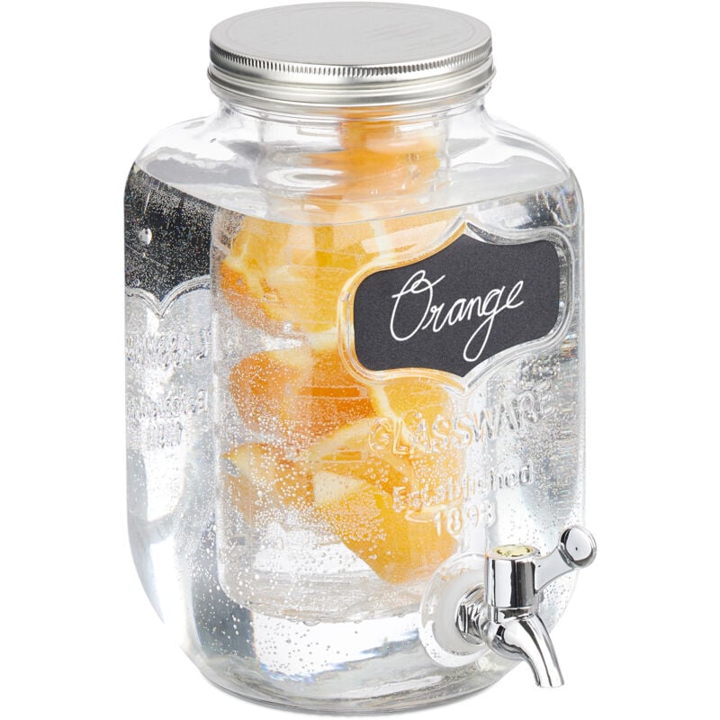 Distributeur de boisson, avec tube pour fruits, 4 litres, robinet et couvercle, transparent - Relaxdays