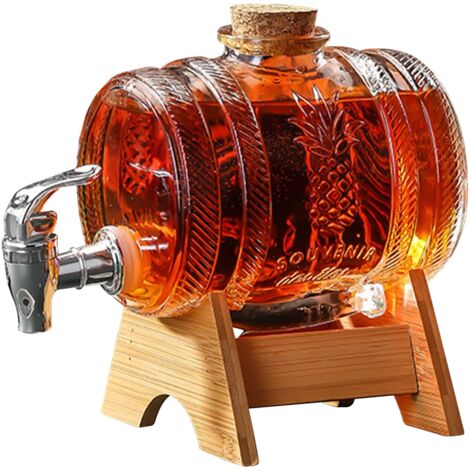 Distributeur de boisson en forme de tonneau 1 L, carafe à whisky pour alcool avec robinet, distributeur transparent avec support en bois pour vin, fût à whisky, limonade (JS-1) (A) (A)