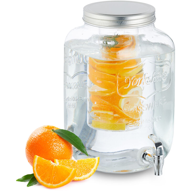 Distributeur de boisson, en verre, avec compartiment et couvercle, volume : 8 litres, transparent - Relaxdays