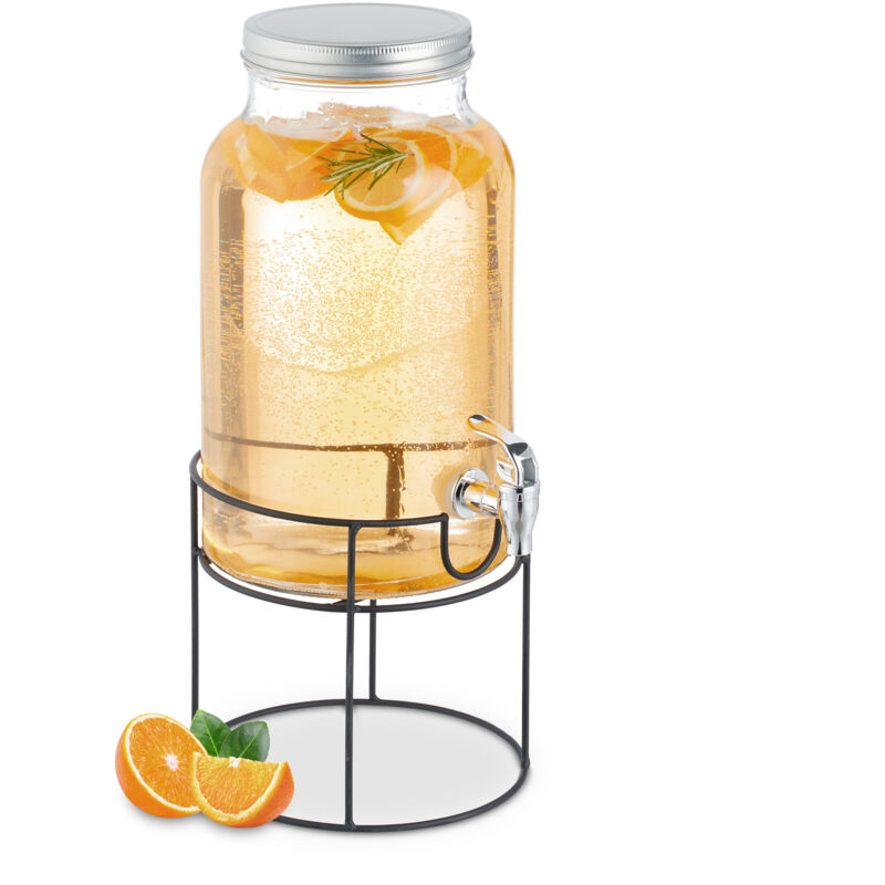 Distributeur de boisson, en verre, avec support et couvercle, volume : 6 litres, transparent - Relaxdays
