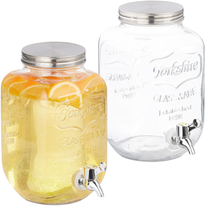 Relaxdays Distributeur de boisson, lot de 2, volume : 4 litres, robinet et couvercle, pour la limonade, transparent
