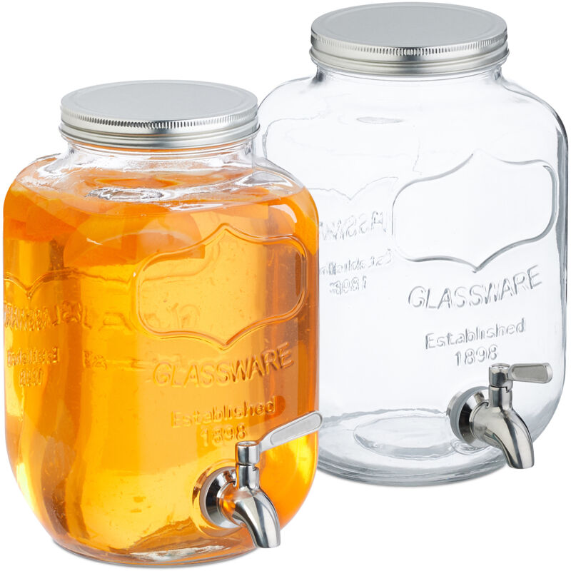 Relaxdays Distributeur de boisson, lot de 2, volume : 4 litres, robinet et couvercle, pour la limonade, transparent