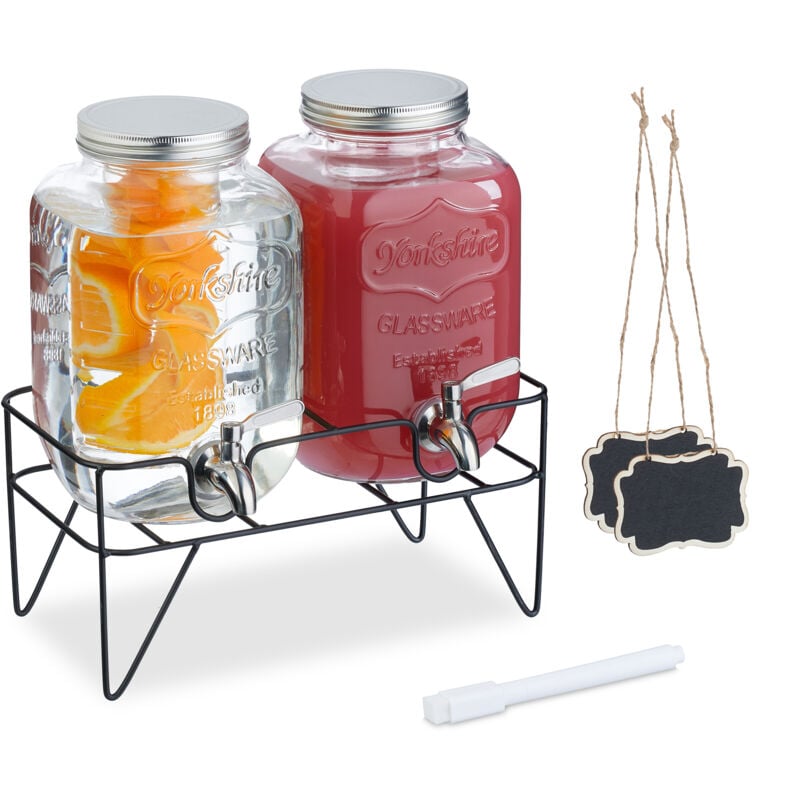 Relaxdays Distributeur de boisson, lot de 2, volume de chaque : 4 litres, support, robinet, transparent