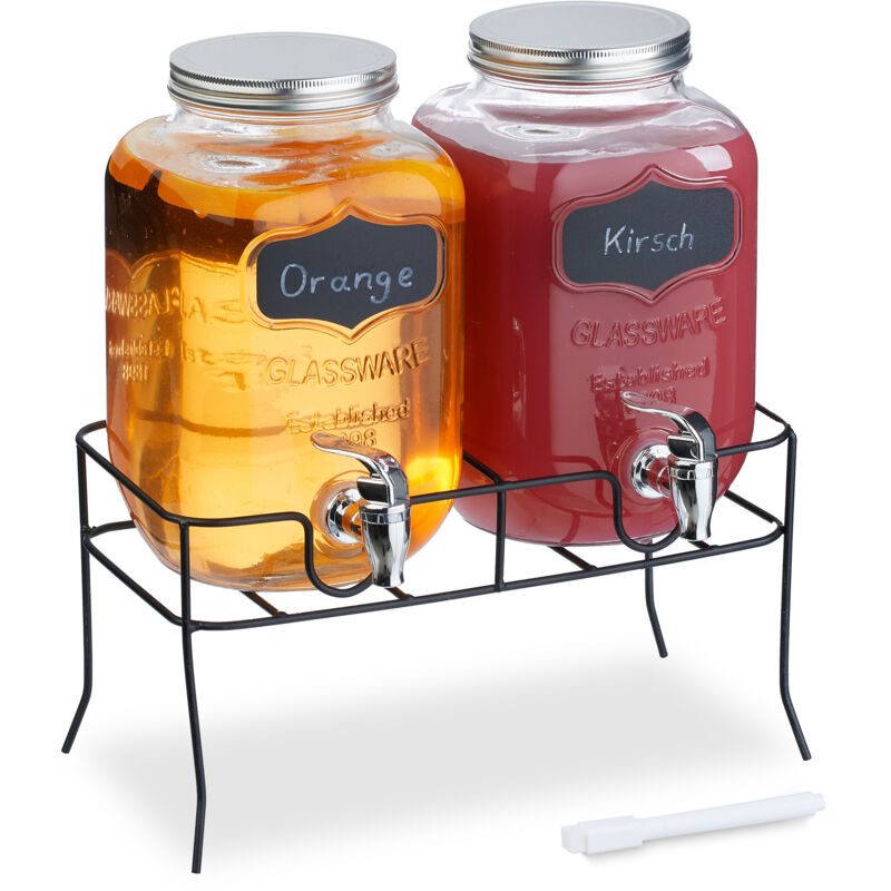 Distributeur de boisson, lot de 2, Volume de chaque : env. 4 l, support, pour votre limonade, transparent - Relaxdays