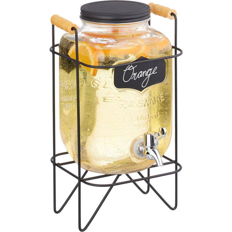 Distributeur de boisson, support, 4 litres, robinet, couvercle, pour votre limonade, transparent et noir - Relaxdays