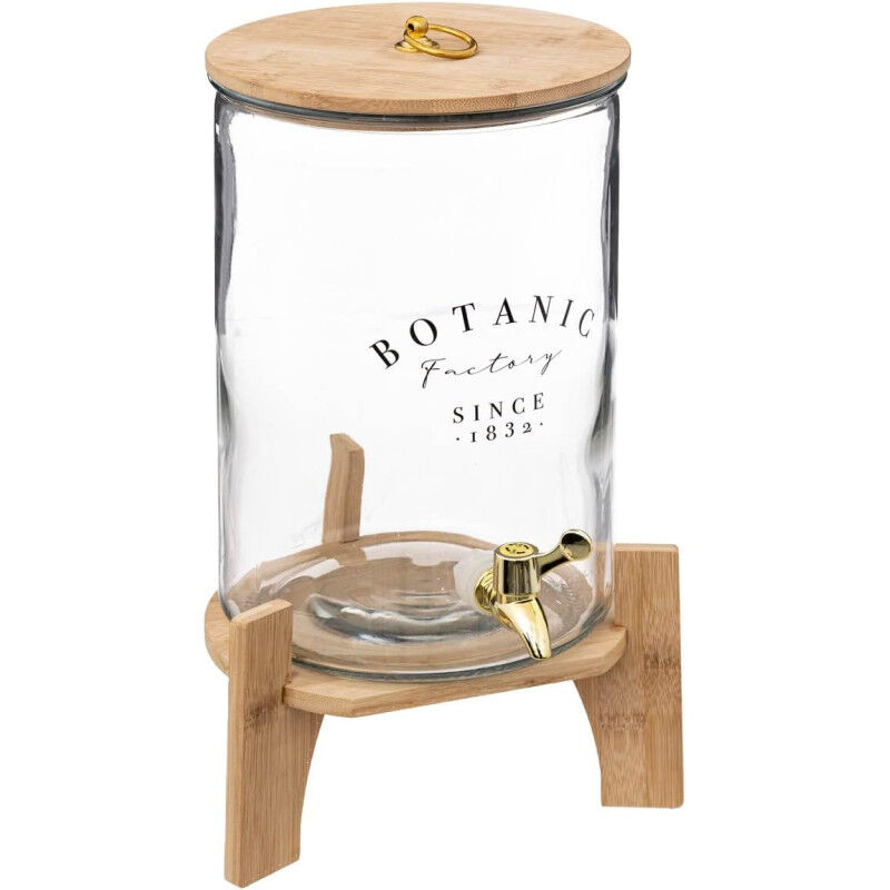 Fontaine à boisson en verre avec support et couvercle en bambou - 8L - Transparent/beige - h 42 x d 22,5 cm - Livraison gratuite