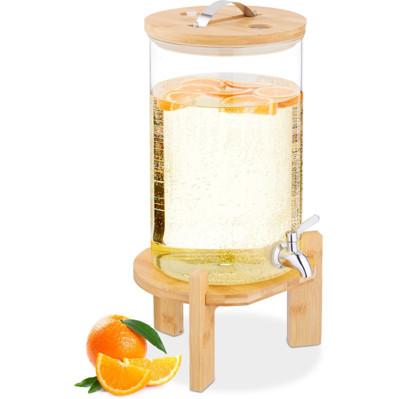 Distributeur de boisson chaude ou froide, support en bambou, thermomètre, 8 litres, transparent/nature - Relaxdays