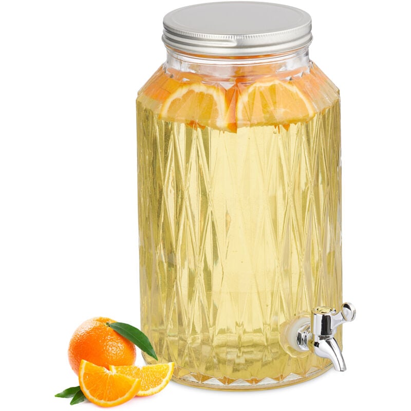 Relaxdays Distributeur de boisson, 5 litres, design géométrique, robinet et couvercle, pour votre limonade, transparent