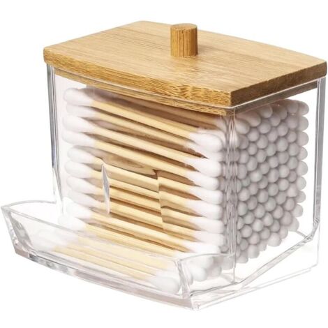 Distributeur de Coton-Tige en Acrylique Avec Couvercle en Bambou - Boîte de Rangement Pour Salle de Bain et Chambre