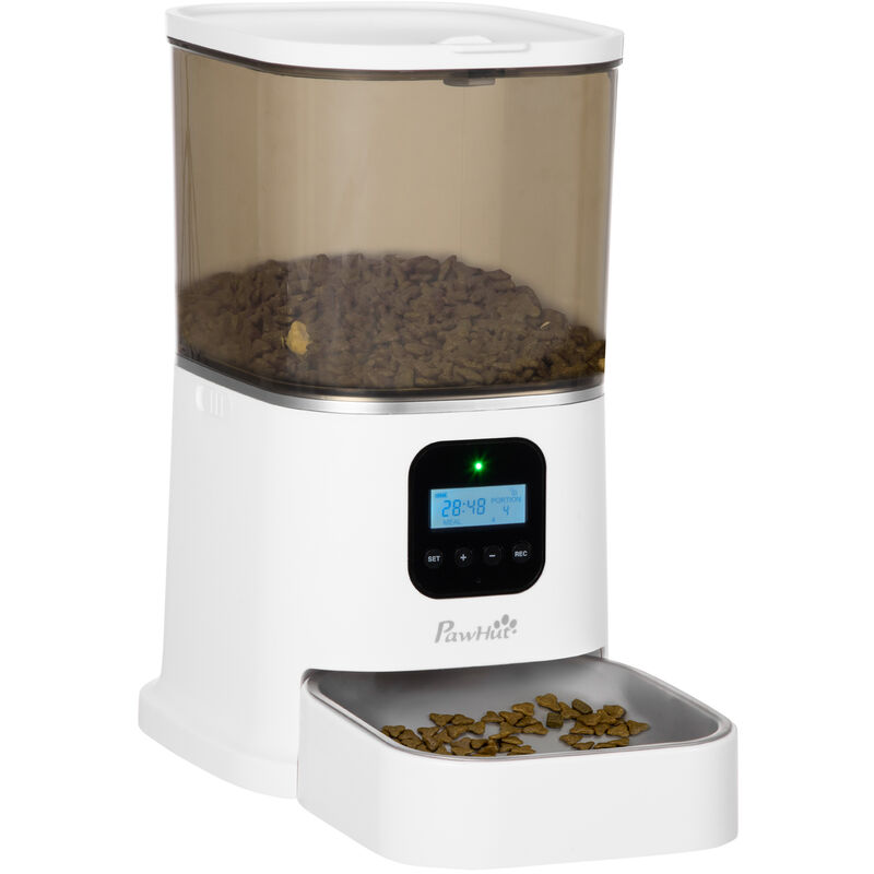 Pawhut - Distributeur de croquettes chat chien automatique programmable - gamelle 4 repas, réservoir 6 l inclus - enregistreur vocal - acier inox.
