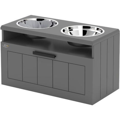Distributeur de croquettes pour chien grand format, 2 gamelles inox, tiroir de rangement, station repas animaux, MDF, acier, gris