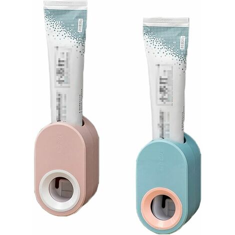 Distributeur de dentifrice mains libres à montage mural automatique 2 pièces, dentifrice à pression automatique, ensemble d'accessoires de salle de bain multifonctions, rose + bleu