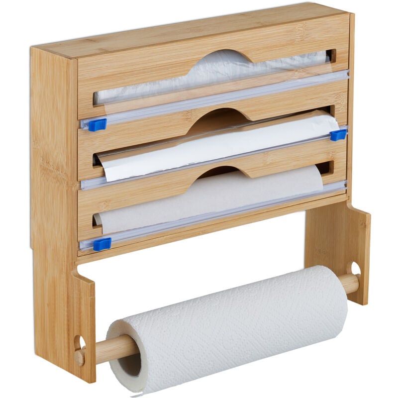 Distributeur papier aluminium et film alimentaire, porte-rouleaux mural, bambou, HxLxP 31 x 36 x 10 cm, nature - Relaxdays