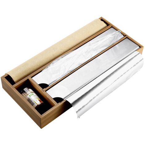 Distributeur de film alimentaire en bambou 42 x 19 cm – 3 compartiments avec couvercles inox – Coupe rapide sans ciseaux – Kesper
