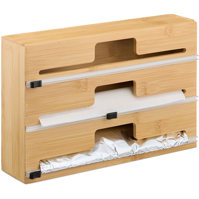 Relaxdays Distributeur film alimentaire et aluminium, pour 3 rouleaux, pour tiroir, bambou, 21,5 x 33,5 x 8 cm, nature