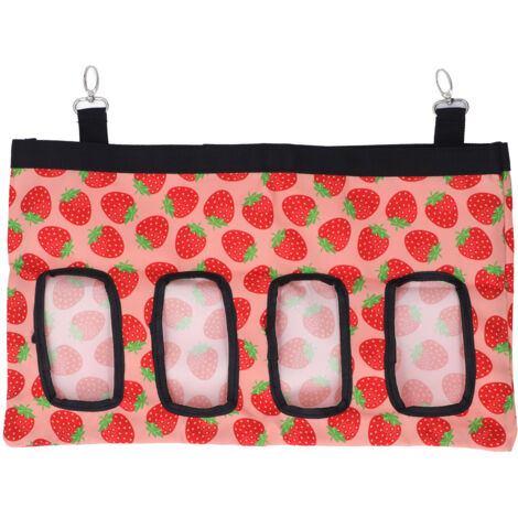 Distributeur de Foin pour Lapins et Cochons d'Inde - Sac de Nourriture Suspendu pour Petits Animaux avec 4 Ouvertures - Design Fraise