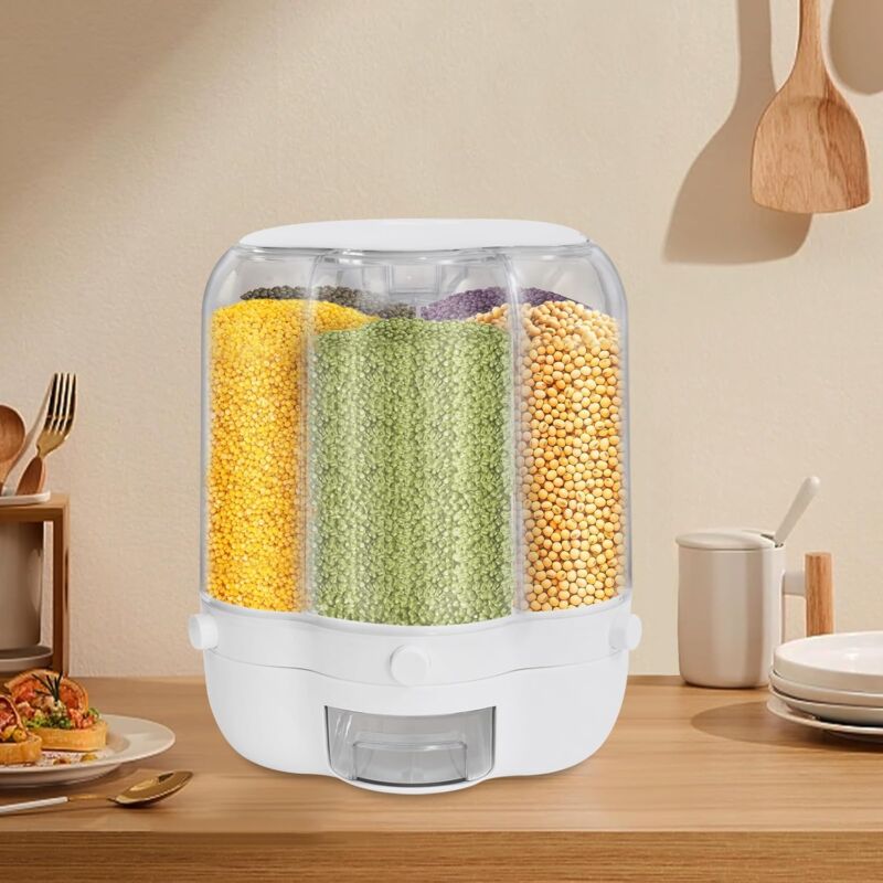 Senderpick - Distributeur de grains, Distributeur de grains rotatif à 360° avec couvercle résistant à l'humidité, Distributeur de riz rotatif à 6
