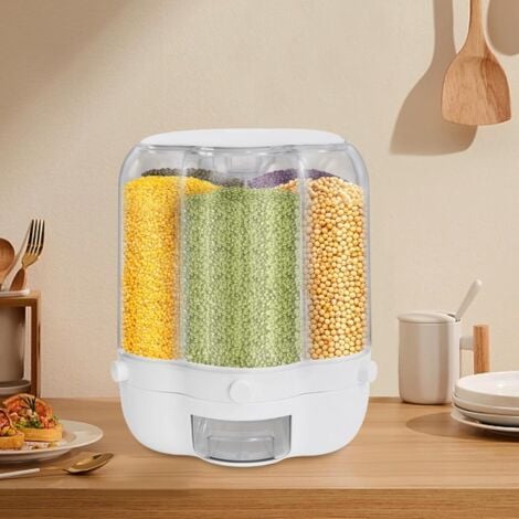 Distributeur de grains, Distributeur de grains rotatif à 360° avec couvercle résistant à l'humidité, Distributeur de riz rotatif à 6 compartiments pour petits grains, haricots, etc.
