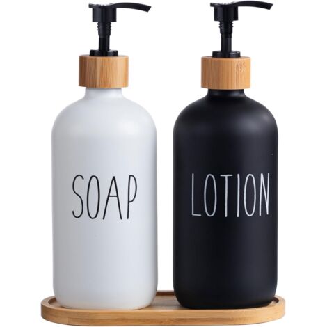Distributeur de liquide vaisselle avec plateau en bois haut (savon blanc et lotion noire), ensemble distributeur pour la cuisine, finition mate.-AquaForge