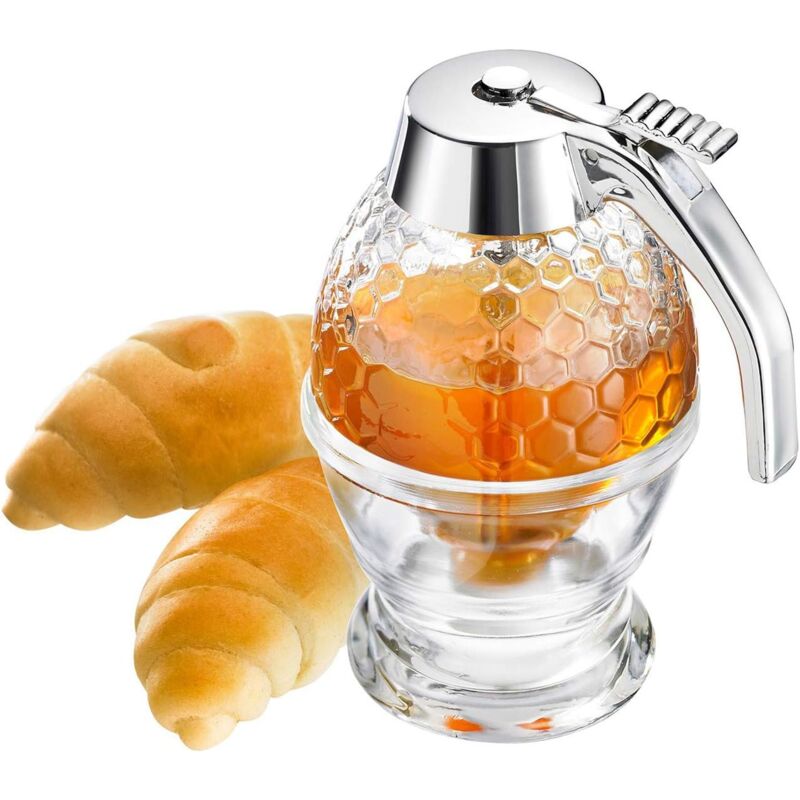 Jusch - Distributeur de Miel, Doseur à Miel avec Support, motif Nid d'Abeille, Transparent