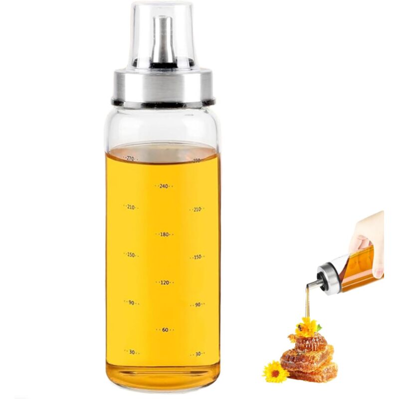 Distributeur de miel en verre 300 ml – Distributeur de sirop anti goutte avec couvercle et bec verseur – Distributeur de miel en verre pour cuisine,
