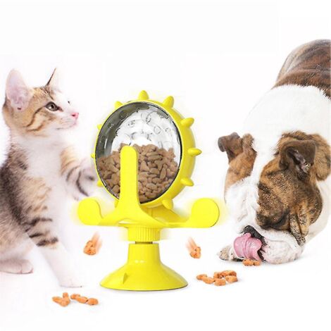 Distributeur de nourriture, friandises et snacks pour animaux de compagnie (chat ou chien) en forme de moulin à vent rotatif à 360° (jaune)